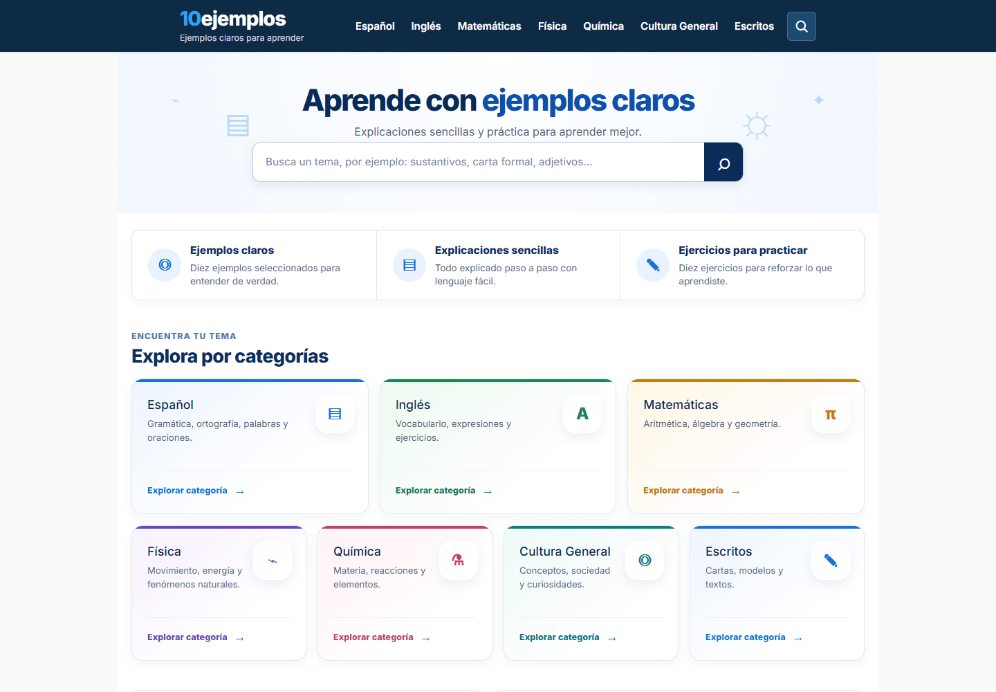 10ejemplos homepage presenting examples, explanations and practice by subject