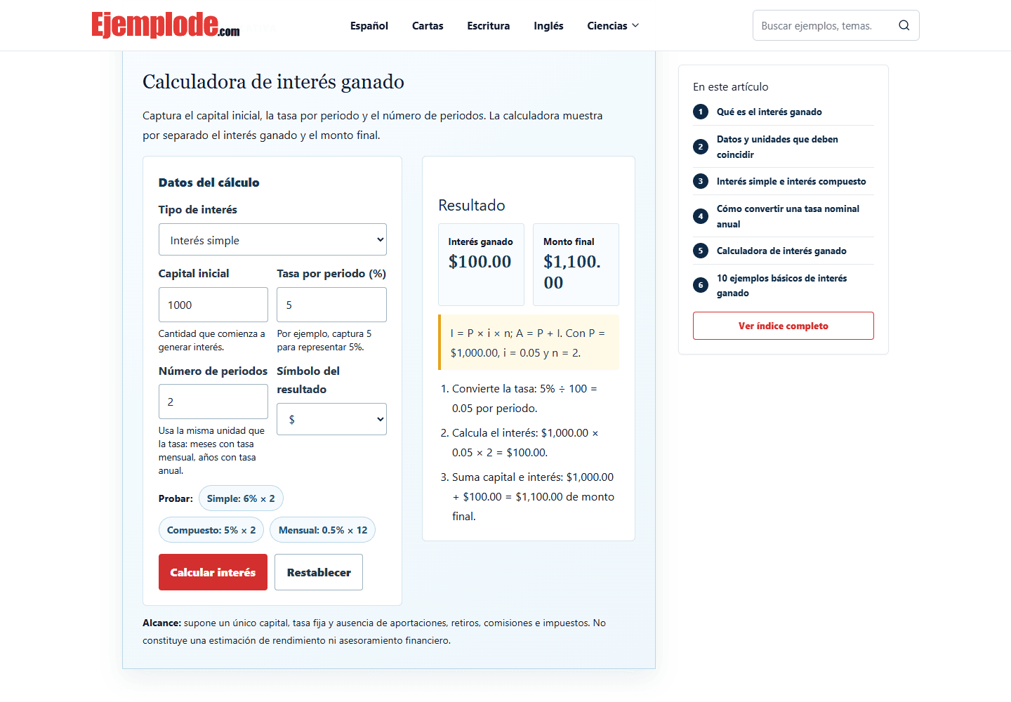 Ejemplode interest calculator displaying inputs, the calculated result and a step-by-step explanation