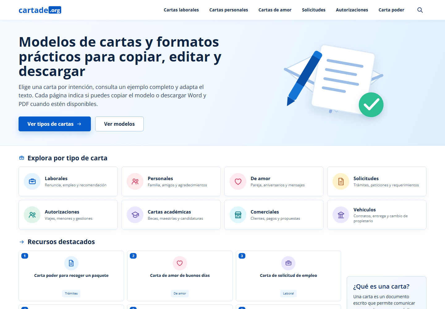 CartaDe homepage grouping letter models by reader intent and document type