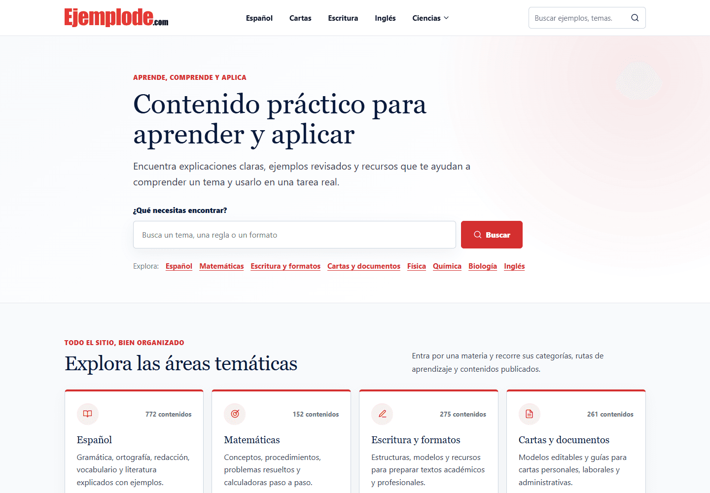 Rebuilt Ejemplode homepage with topic search and subject-based navigation
