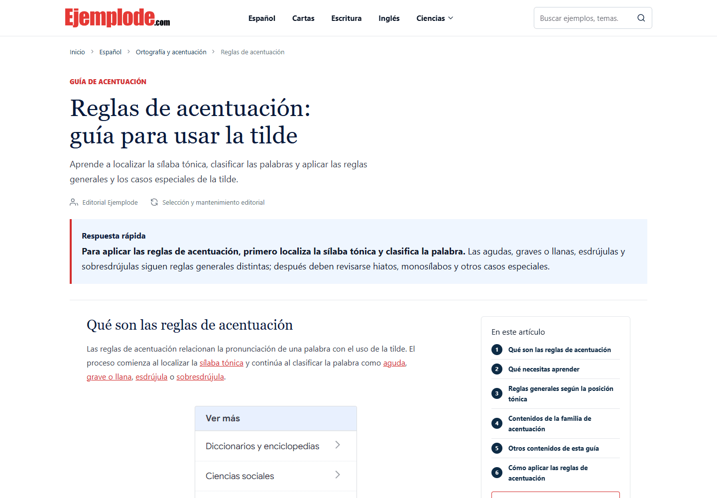 Ejemplode accentuation guide with a quick answer, structured explanation and article navigation
