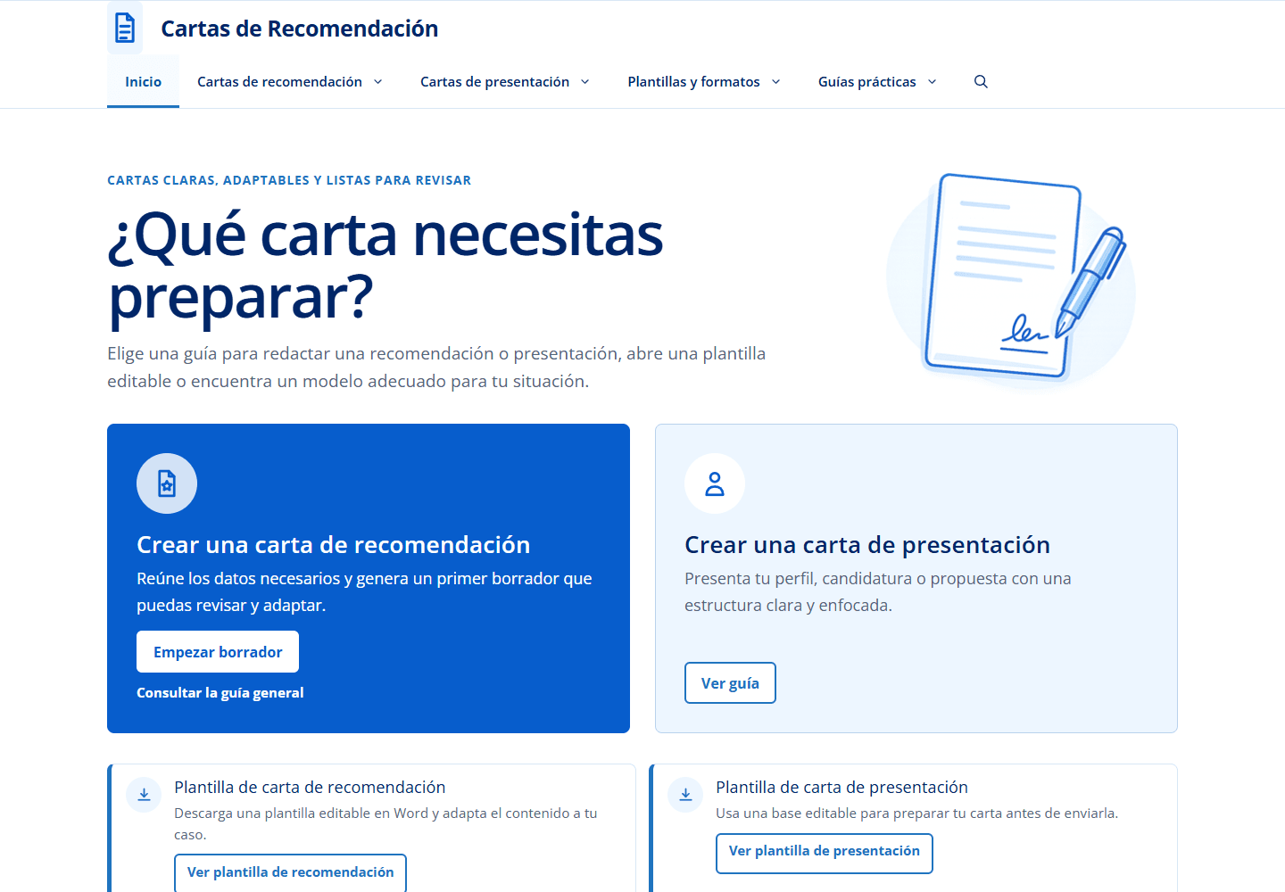 Cartas de Recomendación homepage with document guides and a recommendation-letter drafting tool