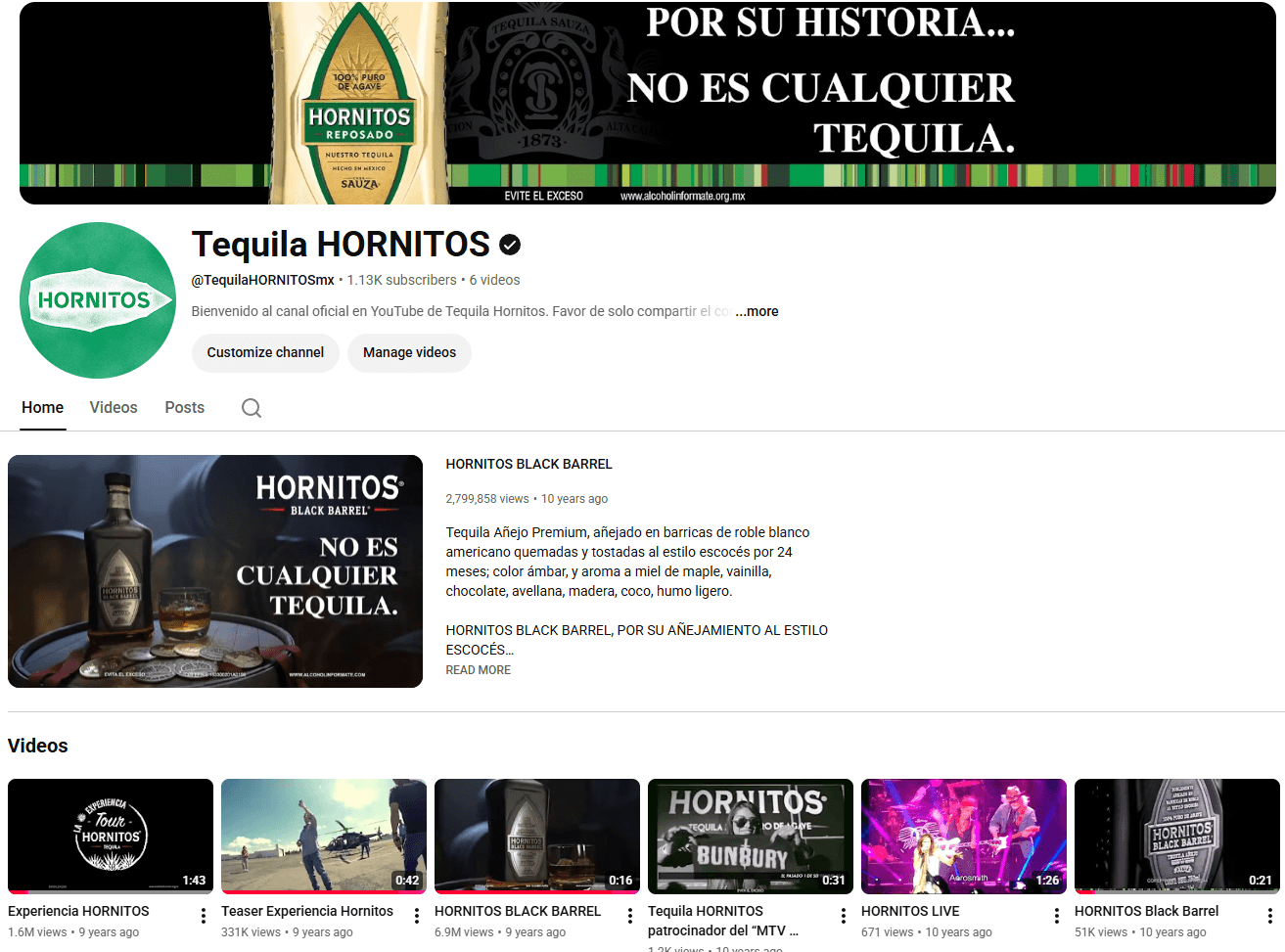 Archived Hornitos YouTube channel interface