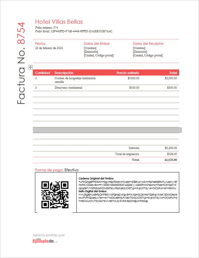 Invoice document output created by an Ejemplode interactive tool