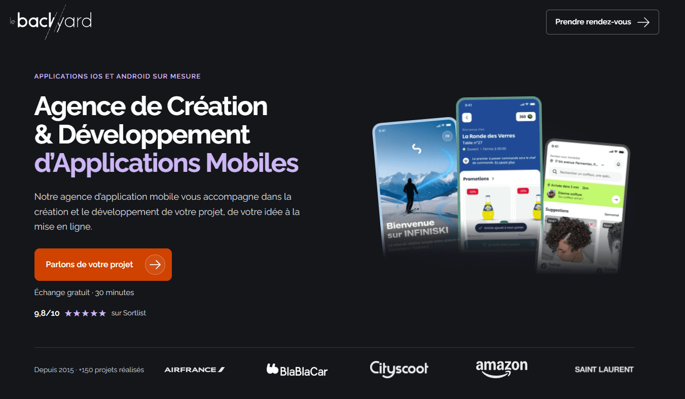 Le Backyard mobile application development landing page with app examples, client logos and a project consultation call to action