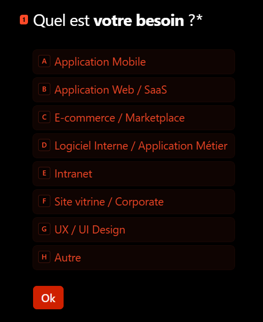 Le Backyard Typeform asking visitors which service they need